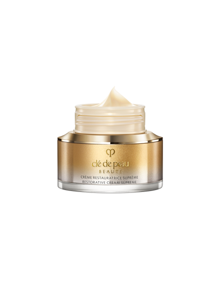 Photo of the smooth, rich texture of RESTORATIVE CREAM
						SUPREME, shown as a pale, glossy, creamy teardrop-shaped swatch.